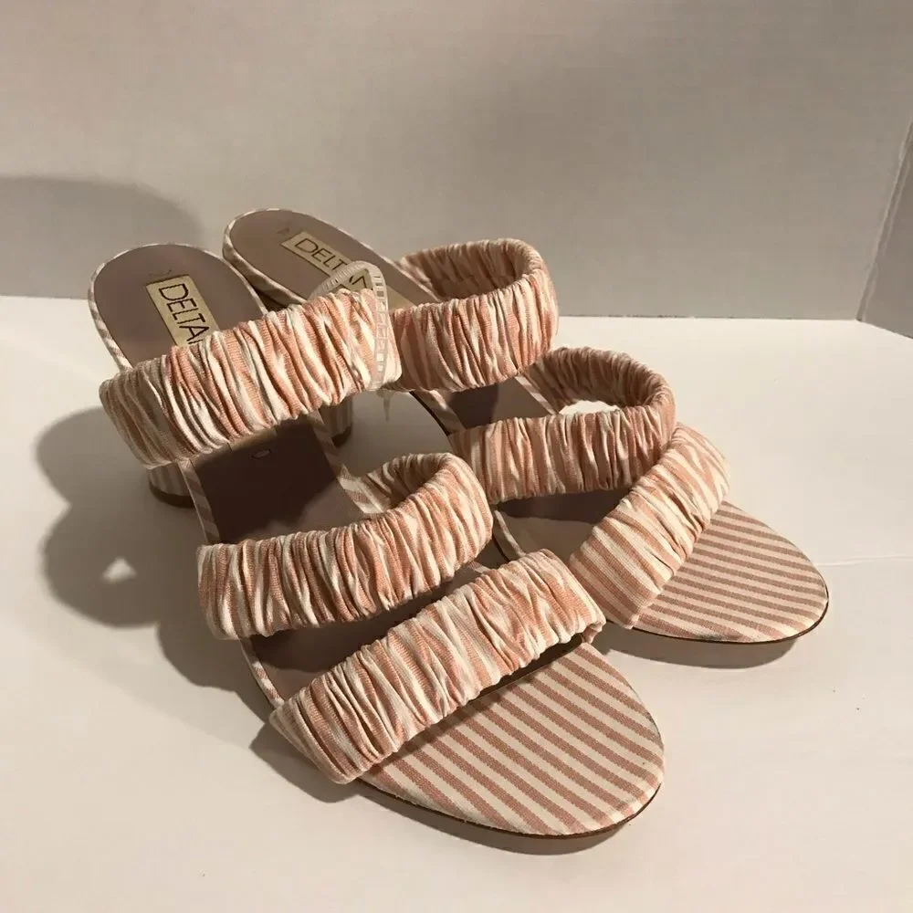 Deltan Sandal Women Size 8 Dusty Pink Striped Three Band Slides Round Heel NWOT